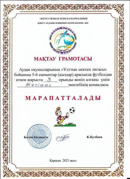 Аудан оқушыларының "Ұлттық мектеп лигасы" бойынша 5-6  сыныптар (қыздар) арасында футболдан өткен жарыста ІІІ орынды Жетіжал орта мектебінің командасы жеңіп алды. Пән мұғалімі, жаттықтырушы: Шокпаров А.Б. Шын жүректен құттықтаймыз!!!
